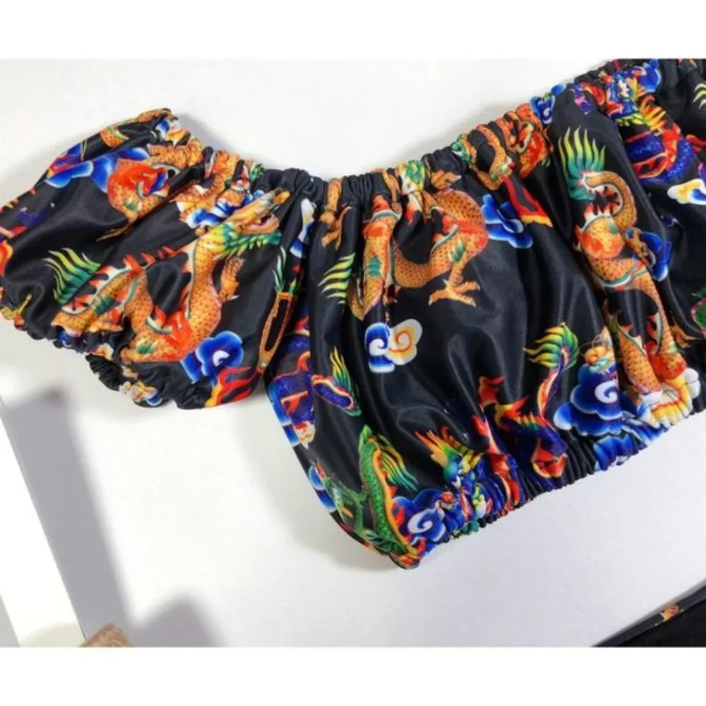 NWOT SHEIN Black Dragon Print Off-Shoulder Ring Detail High Waisted Bikini Set - Picture 6 of 13